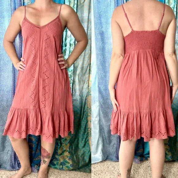 Boho Eyelet Festival Dress S Romantic Cottage Embroidered Earthy Coral Ruffle - Picture 3 of 6